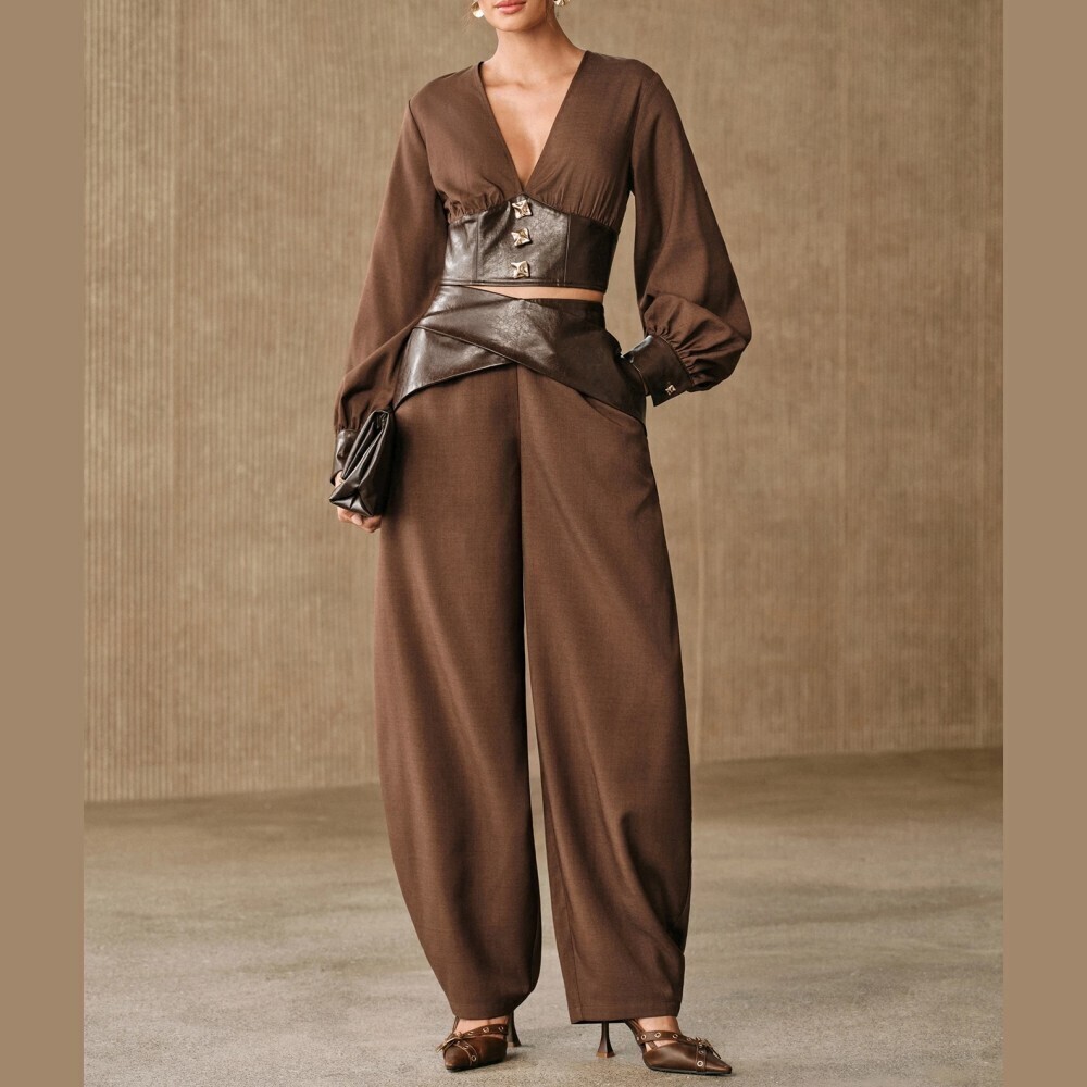 Brown Faux Leather Corset Waist Deep V Neck Crop Top and Wide Leg Pant Set